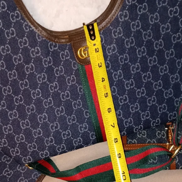 Gucci Blue Denim Shoulder Bag with Cherry Lime Strap Webbing - Picture 12 of 15